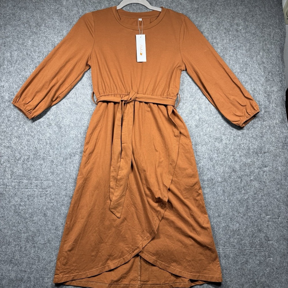 Petallush Women's XS Wrap‎ Dress Burnt Orange 3/4 Sleeve Tie Waist Midi